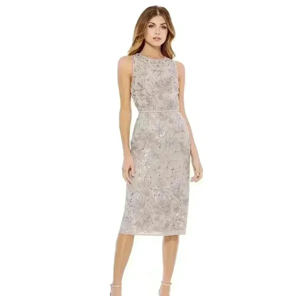 Mac Duggal Sleeveless Midi Dress 14 Embellished High Neck Lilac Beaded Formal
